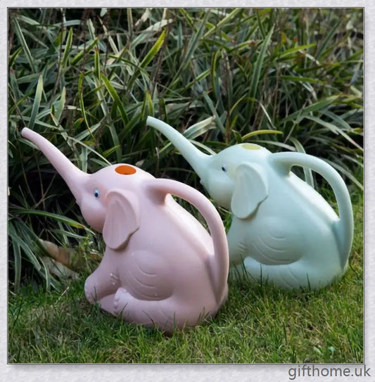 Elephant-shaped watering can in various vibrant colours, perfect for gardening and lawn care
