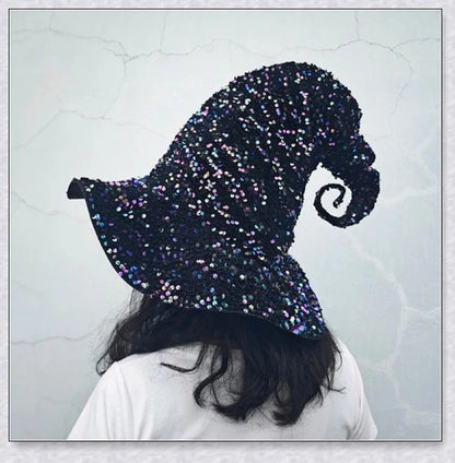 A red and multicolour sequin witch hat with an adjustable fit, perfect for Halloween, masquerade, and themed parties