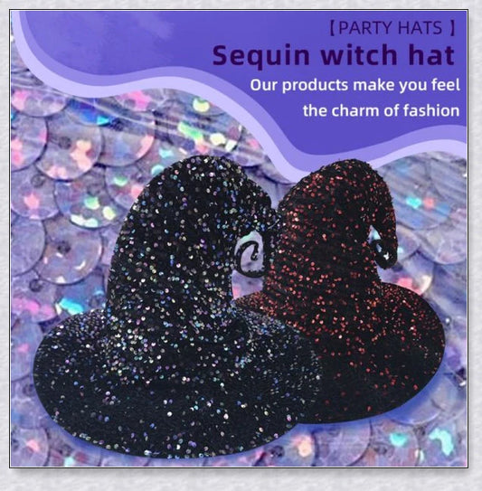 A red and multicolour sequin witch hat with an adjustable fit, perfect for Halloween, masquerade, and themed parties