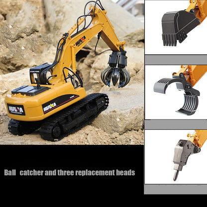 A remote-controlled excavator toy with interchangeable attachments for grabbing wood balls and other objects