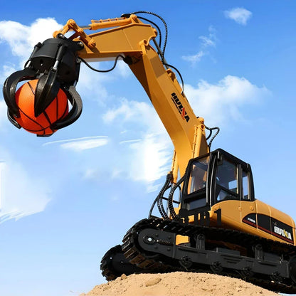 A remote-controlled excavator toy with interchangeable attachments for grabbing wood balls and other objects