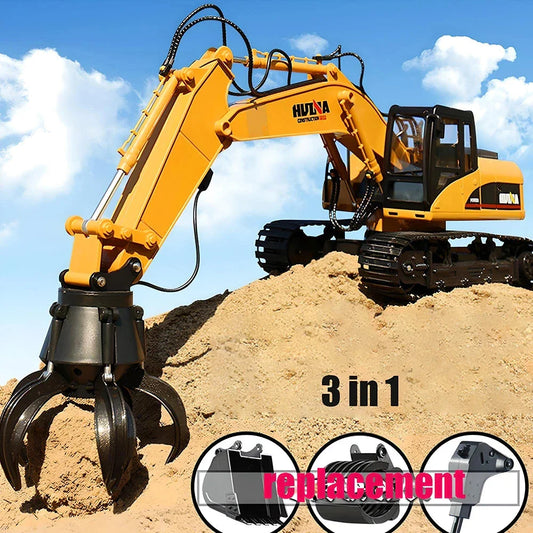 A remote-controlled excavator toy with interchangeable attachments for grabbing wood balls and other objects