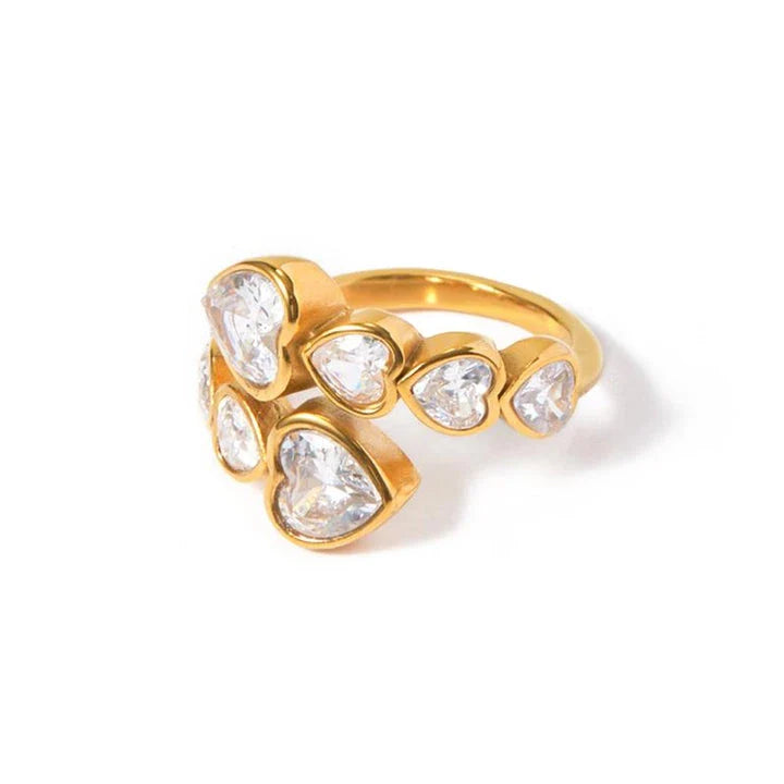 18K gold-plated cubic zirconia heart-shaped interlaced ring with a sparkling centerpiece and intricate detailing