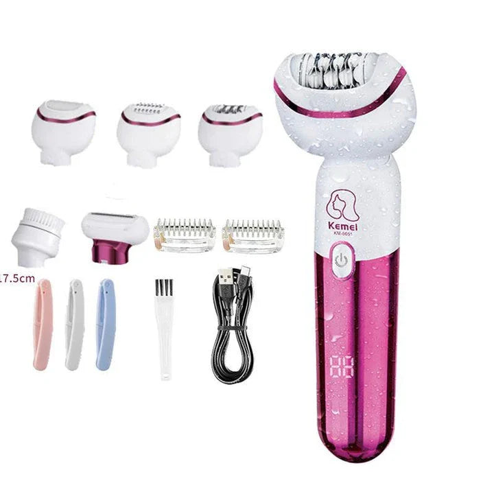 Kemei 5-IN-1 Rechargeable Hair Removal Epilator with multiple interchangeable heads for epilation, shaving, callus removal, facial massage, and cleaning