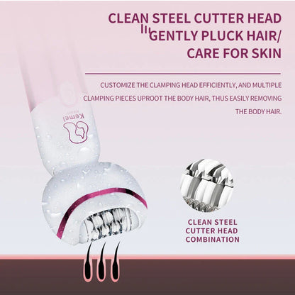 Kemei 5-IN-1 Rechargeable Hair Removal Epilator with multiple interchangeable heads for epilation, shaving, callus removal, facial massage, and cleaning