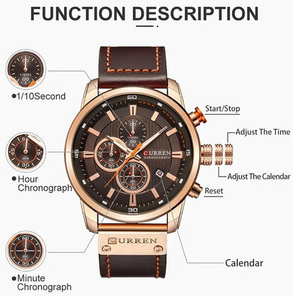 A sophisticated men's leather sports chronograph watch with a sleek round design and multiple sub-dials for enhanced functionality.