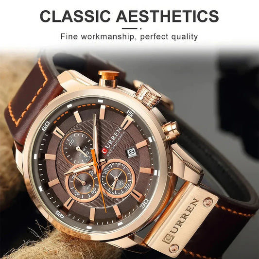 A sophisticated men's leather sports chronograph watch with a sleek round design and multiple sub-dials for enhanced functionality.