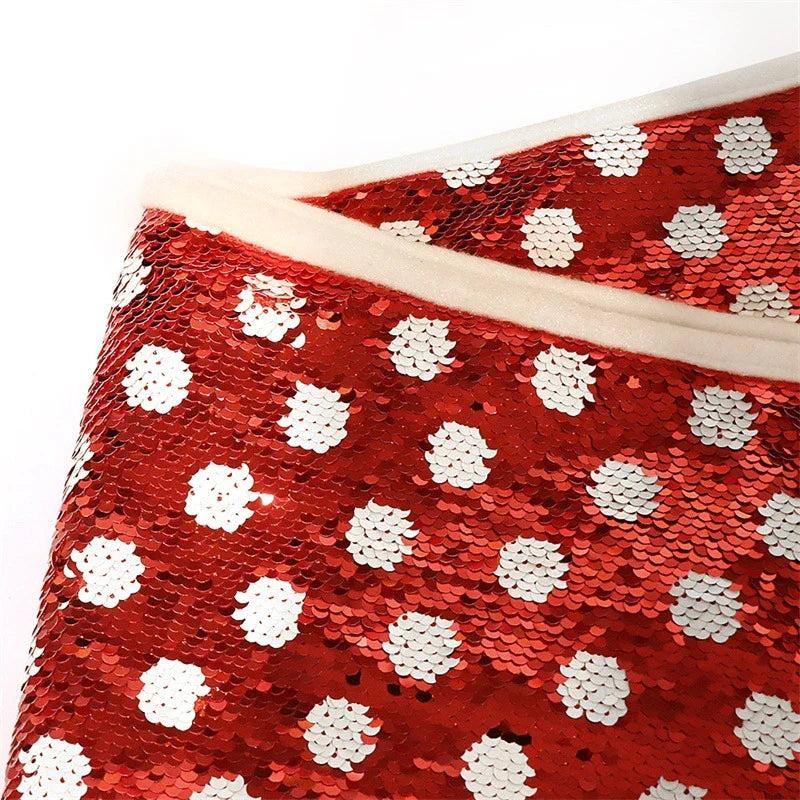 Creative Home Christmas Sequins Tree Skirt with shimmering red and white polka dot sequins