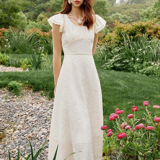 Red plaid high waist summer long dress with elegant petal sleeves and A-line silhouette