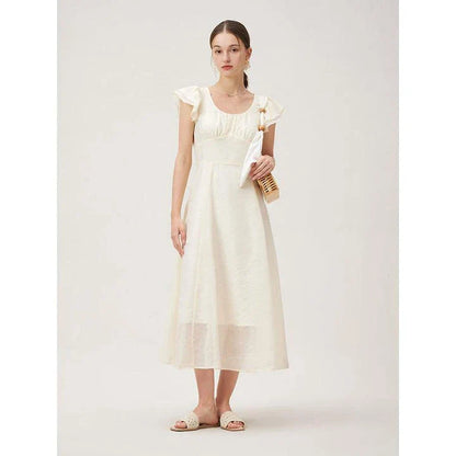 Red plaid high waist summer long dress with elegant petal sleeves and A-line silhouette