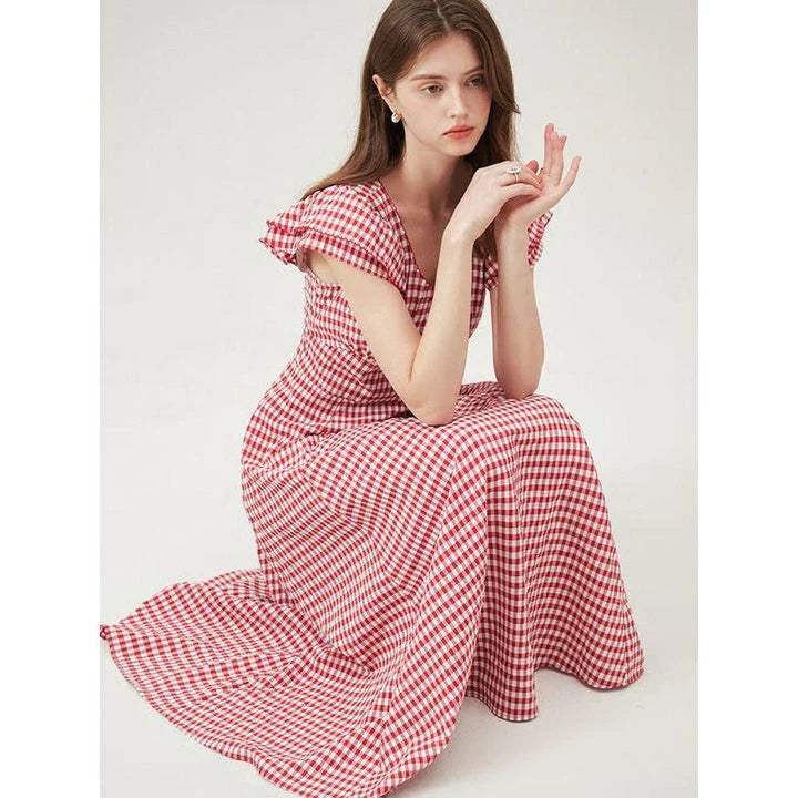 Red plaid high waist summer long dress with elegant petal sleeves and A-line silhouette