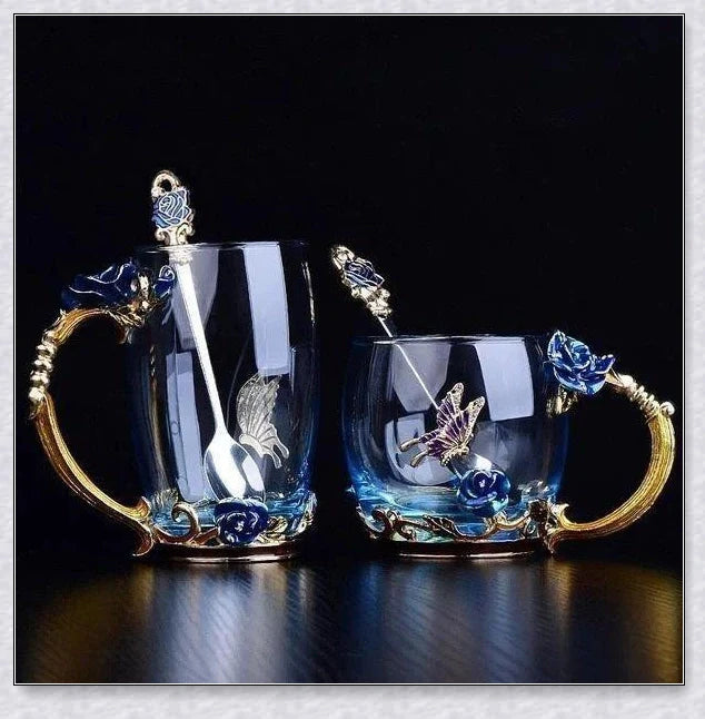 Handmade enamel mug with butterfly and rose designs, complete with golden trimming