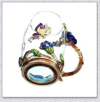 Handmade enamel mug with butterfly and rose designs, complete with golden trimming