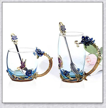 Handmade enamel mug with butterfly and rose designs, complete with golden trimming