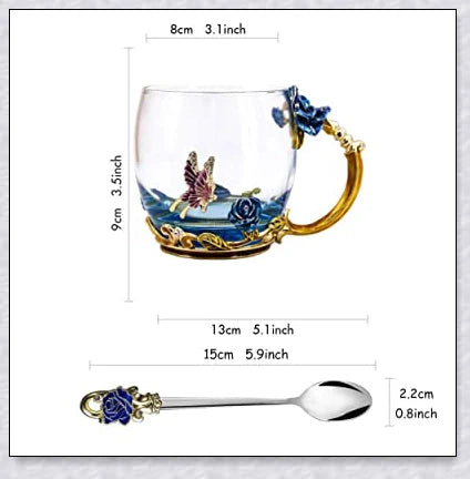 Handmade enamel mug with butterfly and rose designs, complete with golden trimming