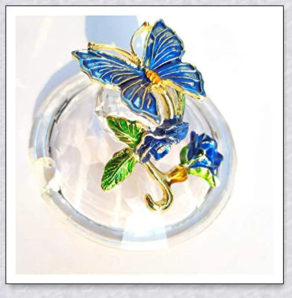 Handmade enamel mug with butterfly and rose designs, complete with golden trimming