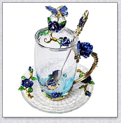 Handmade enamel mug with butterfly and rose designs, complete with golden trimming