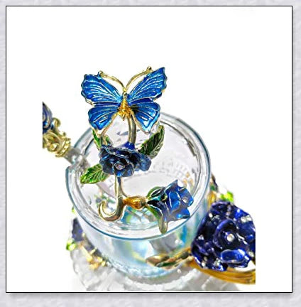 Handmade enamel mug with butterfly and rose designs, complete with golden trimming