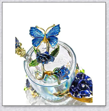 Handmade enamel mug with butterfly and rose designs, complete with golden trimming
