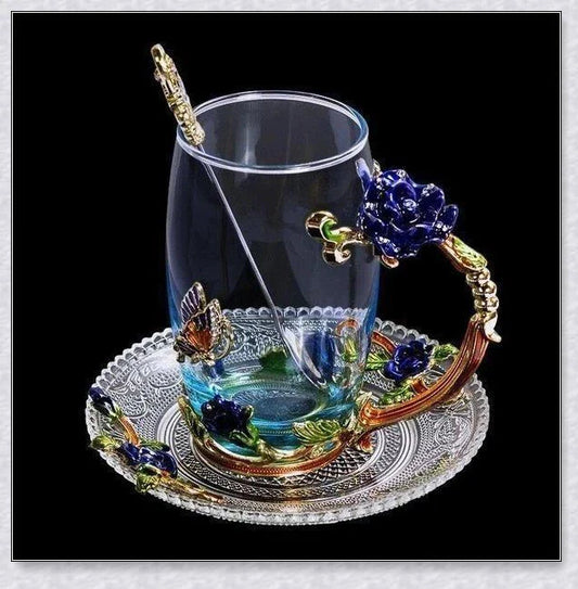 Handmade enamel mug with butterfly and rose designs, complete with golden trimming
