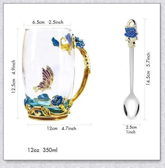 Handmade enamel mug with butterfly and rose designs, complete with golden trimming