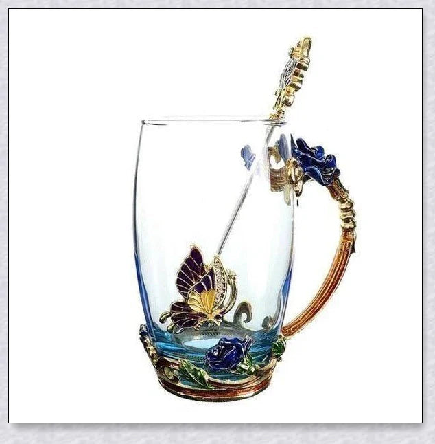 Handmade enamel mug with butterfly and rose designs, complete with golden trimming