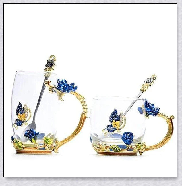 Handmade enamel mug with butterfly and rose designs, complete with golden trimming