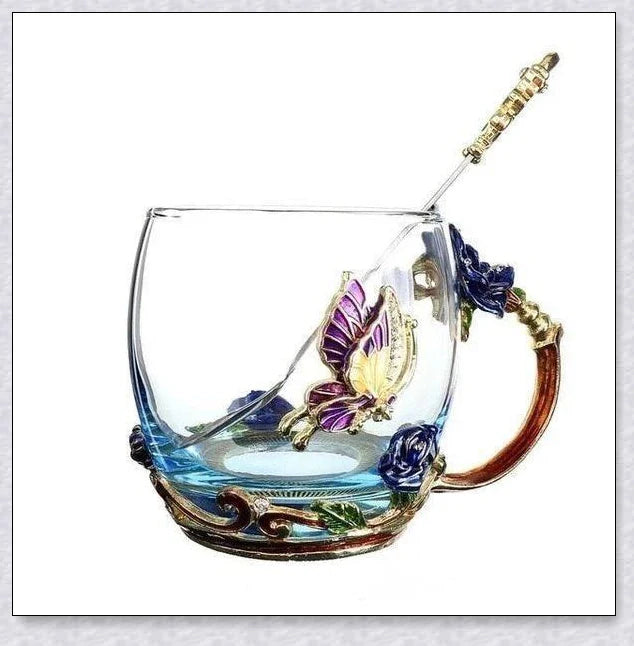 Handmade enamel mug with butterfly and rose designs, complete with golden trimming