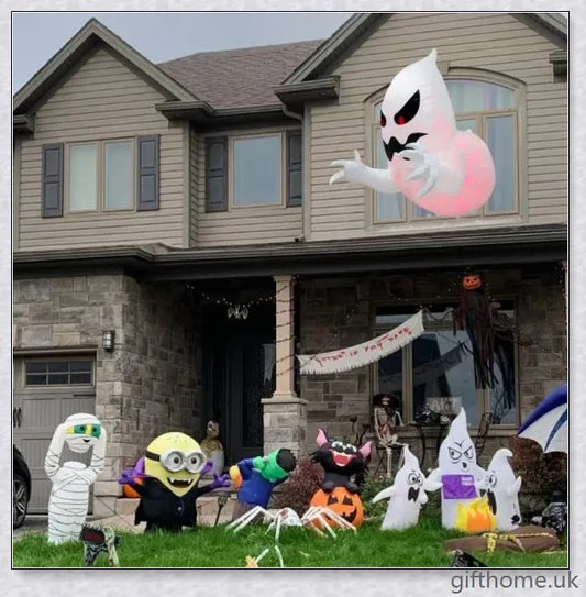 A large, ghostly inflatable decoration with rotating red flame LED lights, creating a spooky and captivating Halloween display.