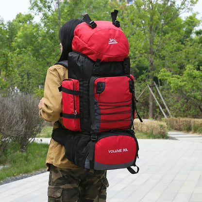 Men's Outdoor Hiking Bag with 90L large capacity, featuring a durable polyester construction and cover-type opening for easy access to your gear.