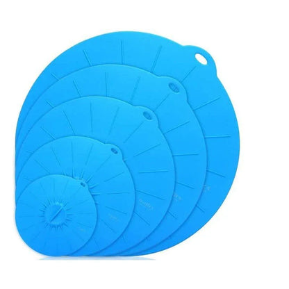 A set of multifunction silicone lids in various sizes, designed to fit a variety of pots, pans, and bowls for versatile kitchen use.