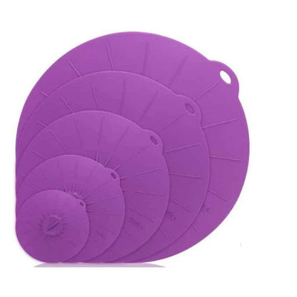 A set of multifunction silicone lids in various sizes, designed to fit a variety of pots, pans, and bowls for versatile kitchen use.