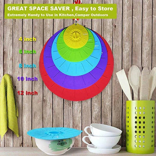 A set of multifunction silicone lids in various sizes, designed to fit a variety of pots, pans, and bowls for versatile kitchen use.