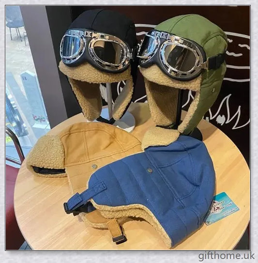 Aviator Hat with Warm Ear Protection Glasses - Premium British-designed winter accessory with thickened material, adjustable ear flaps, and durable windproof glasses