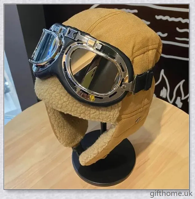 Aviator Hat with Warm Ear Protection Glasses - Premium British-designed winter accessory with thickened material, adjustable ear flaps, and durable windproof glasses