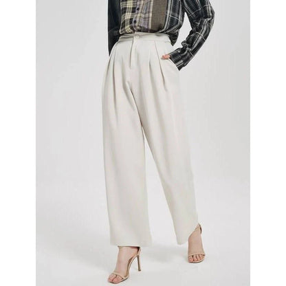 Elegant high-waist wide leg trousers for women in beige, designed for a flattering and comfortable fit.