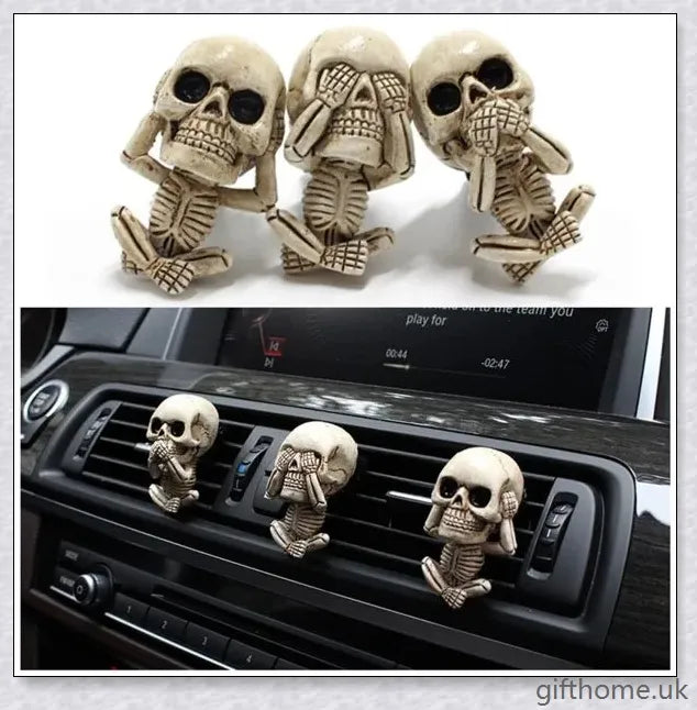 A set of three handcrafted resin skulls with a unique, captivating design that adds an intriguing touch to any space and helps purify the air.