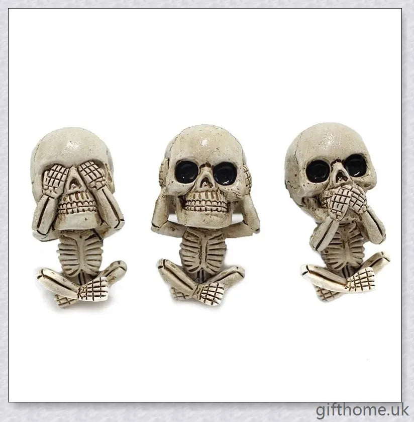 A set of three handcrafted resin skulls with a unique, captivating design that adds an intriguing touch to any space and helps purify the air.