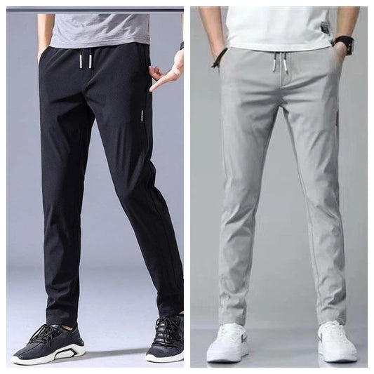 Premium Korean-style drawstring trousers in black, khaki, and dark grey colours, featuring a relaxed, straight-leg silhouette and micro-elastic fabric for comfort and flexibility.