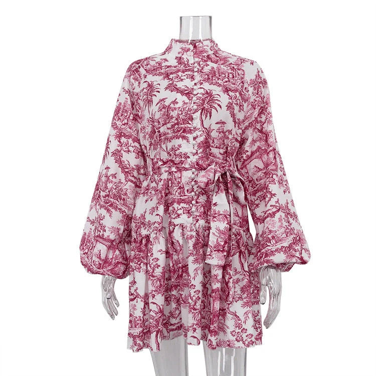 Stylish ink print A-line dress with fashionable puffy sleeves and lapel tie detail