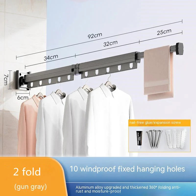 Aluminium suction cup folding clothes hanger with retractable drying rack for space-saving laundry drying