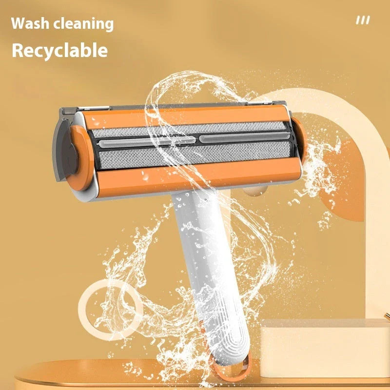 2-in-1 pet hair removal roller with soft bristles for effortless cleaning of clothes, furniture, and car interiors