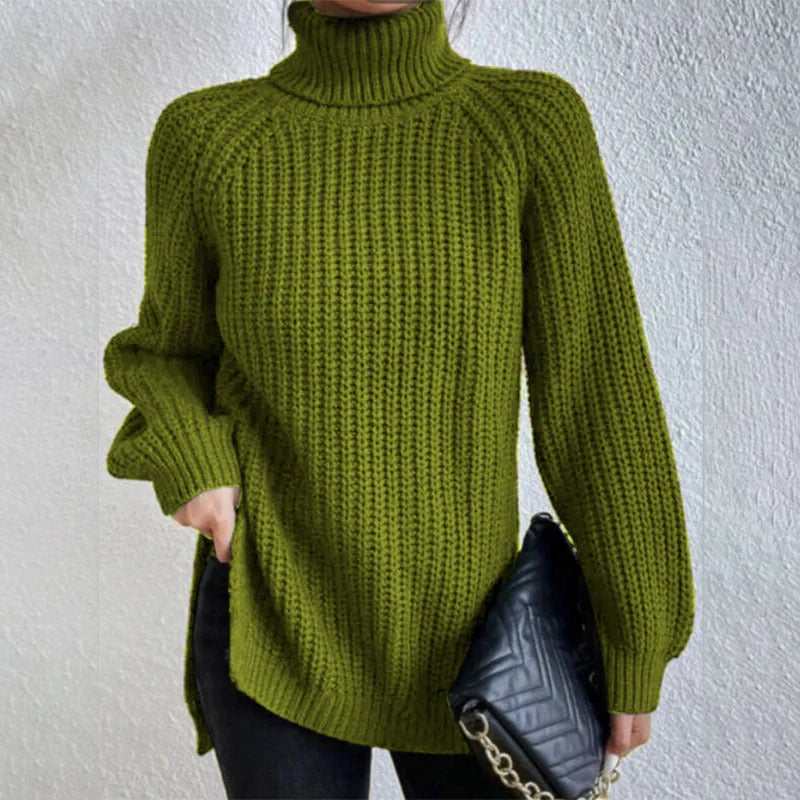 A stylish turtleneck pullover sweater with a unique split design, available in a variety of classic colours and sizes.