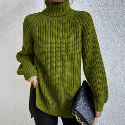 A stylish turtleneck pullover sweater with a unique split design, available in a variety of classic colours and sizes.
