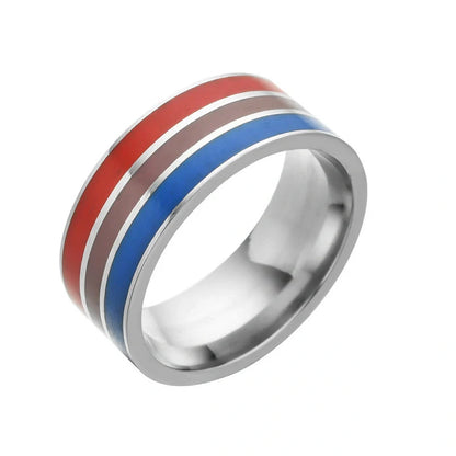 Stylish bisexual pride stainless steel ring with a bold, geometric design in vibrant colours
