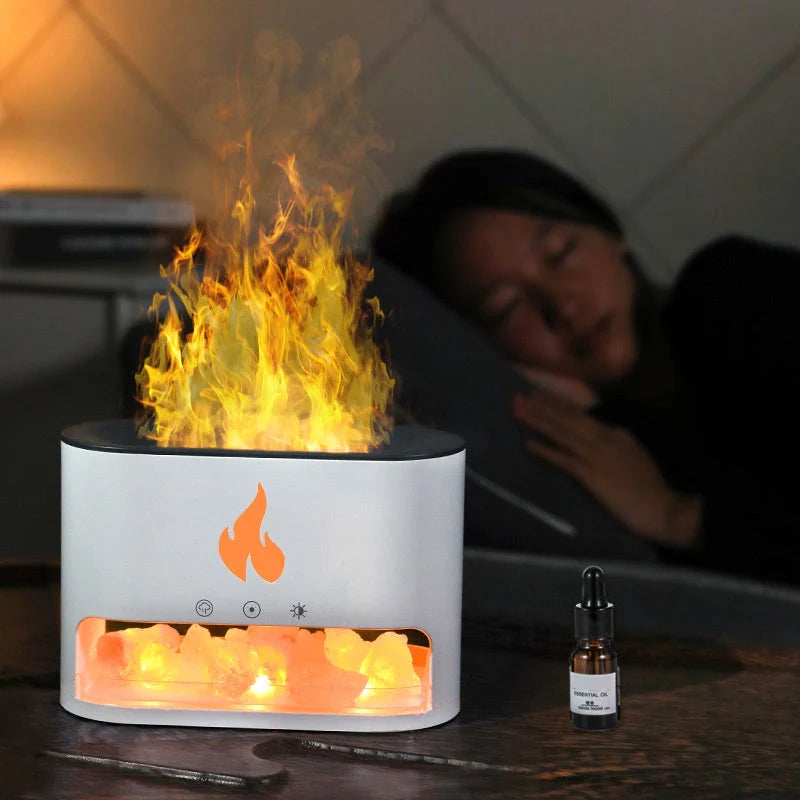 Flame Humidifier with 3D flame effect and aromatherapy function on desktop