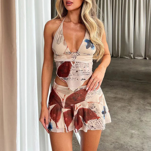 Women's summer V-neck halter top and pleated skirt set in printed colours