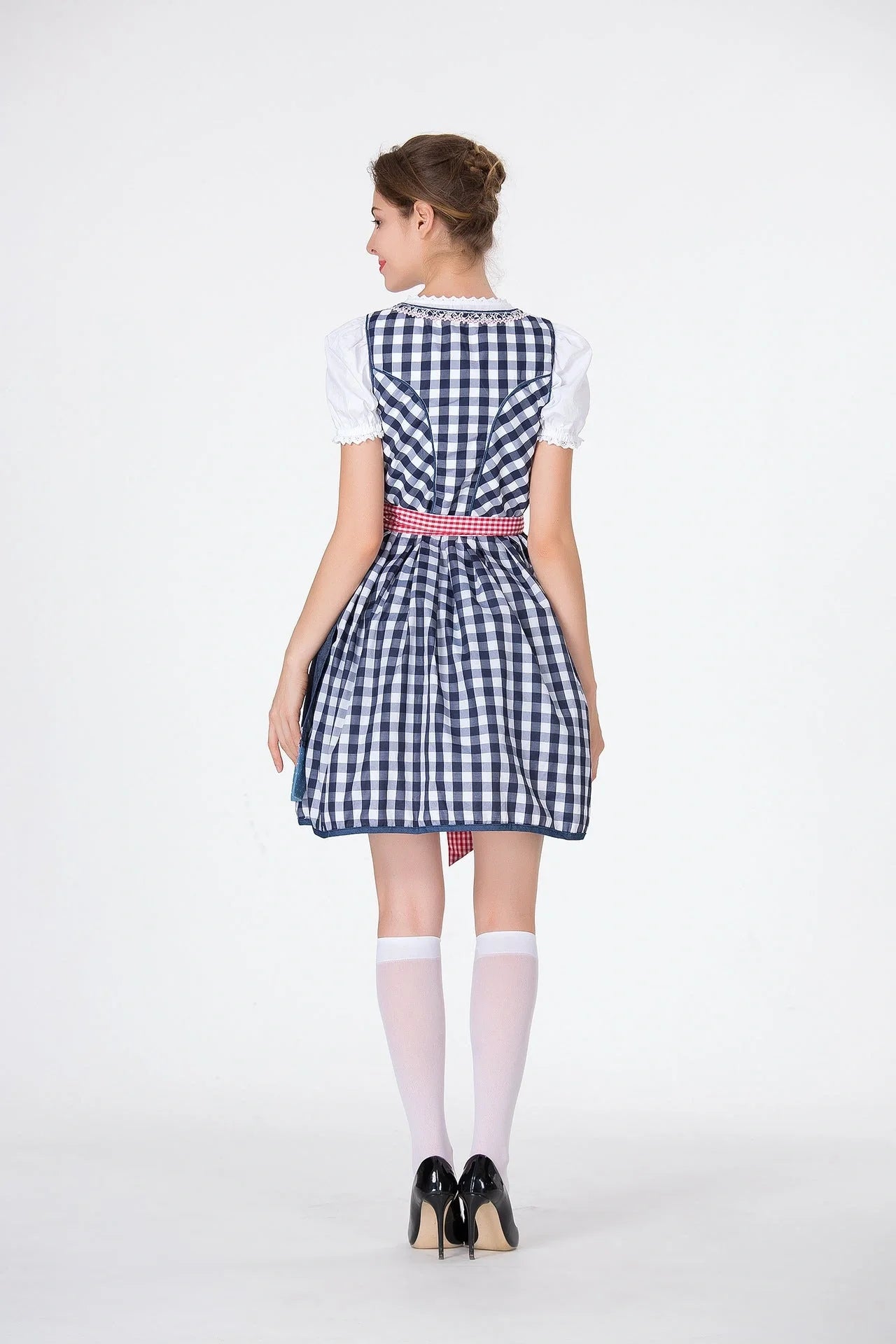 Bavarian Traditional Beer Dress in red, includes top, skirt, and apron.