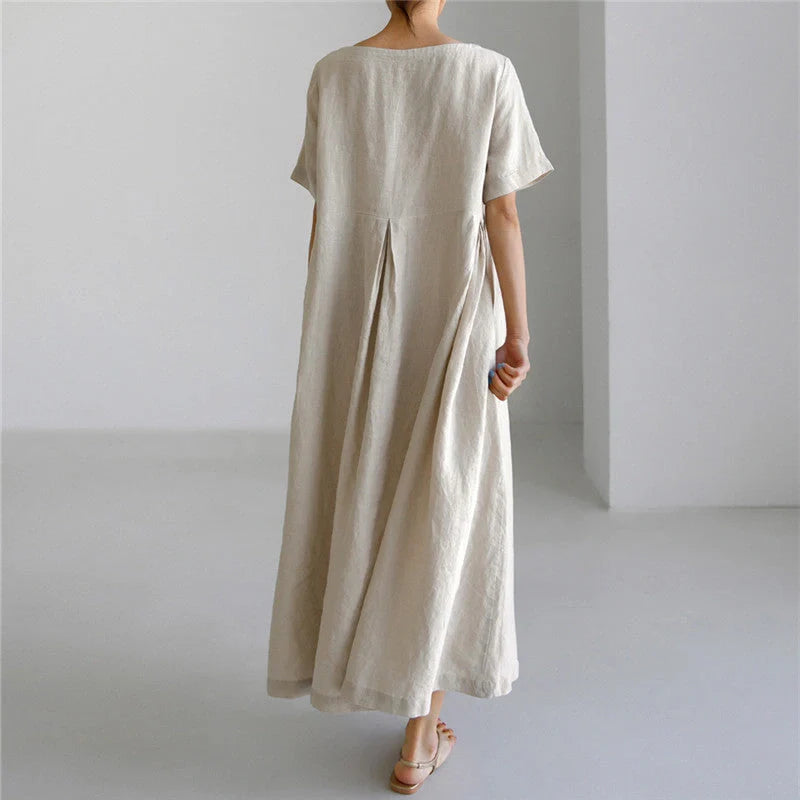 Relaxed Linen and Cotton Round Neck Dress in Navy Blue, Army Green, and Apricot Colours
