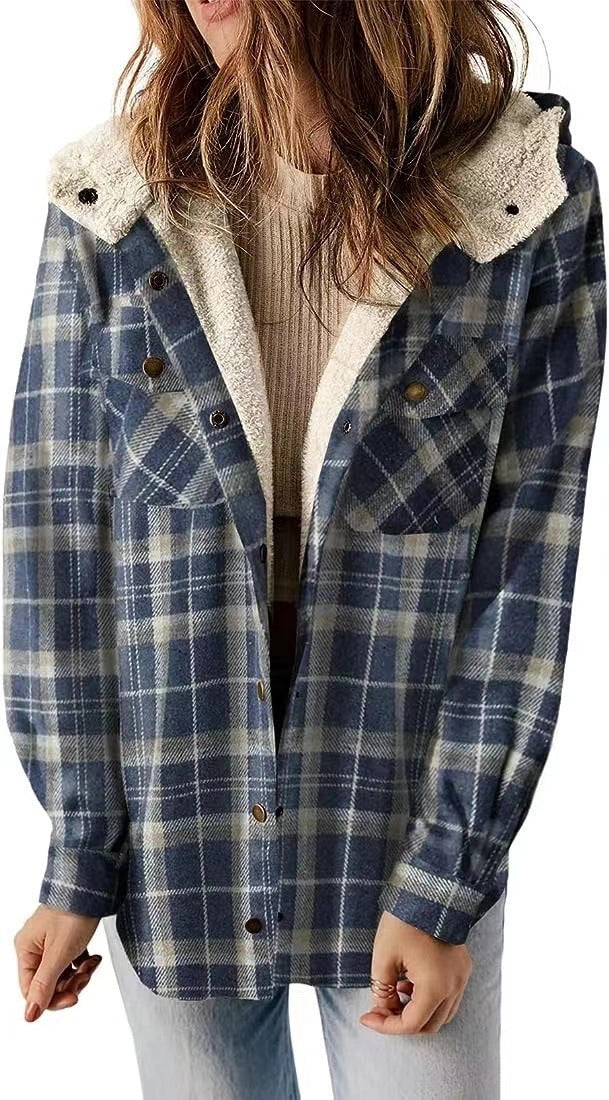 Casual plaid hooded woolen coat with fleece lining in various colours
